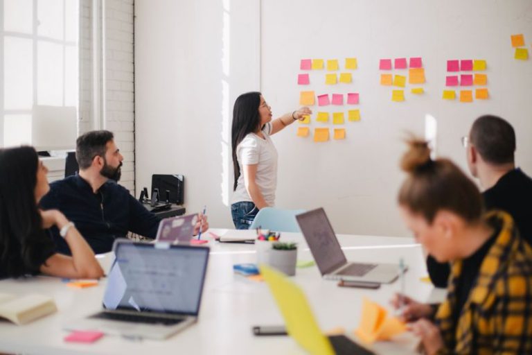 Global Networking - woman placing sticky notes on wall
