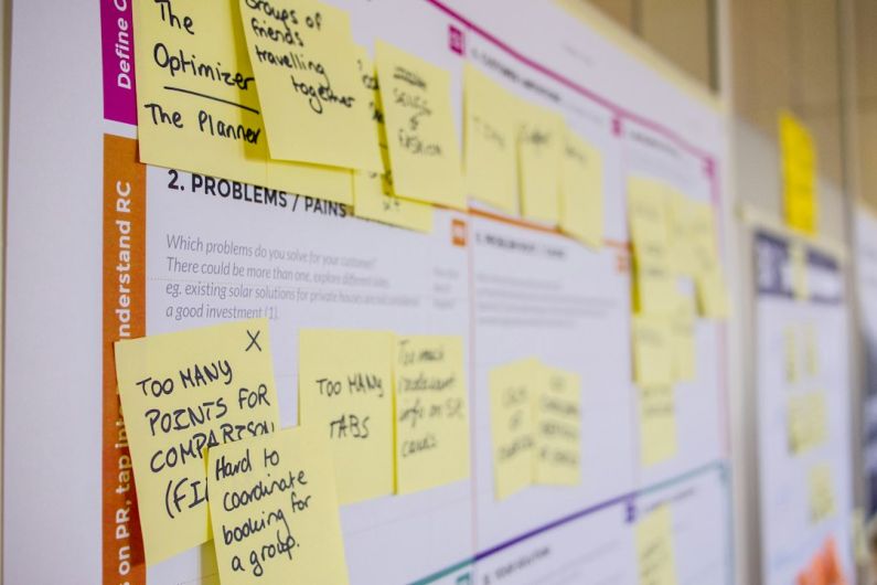 Innovation Entrepreneurship - printed sticky notes glued on board