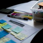 Pitching Ideas - sticky notes on paper document beside pens and box