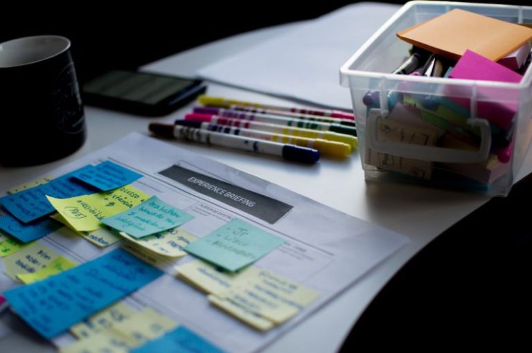 Pitching Ideas - sticky notes on paper document beside pens and box